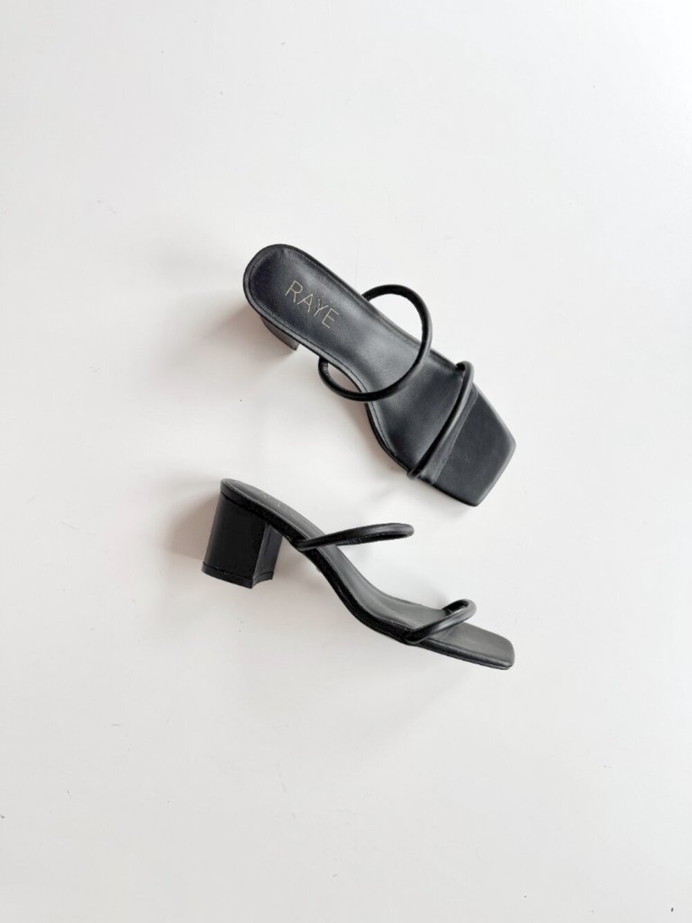 NWOB RAYE Etienne Black Leather Strappy Square Toe Block Heel Sandals, Size 5.5